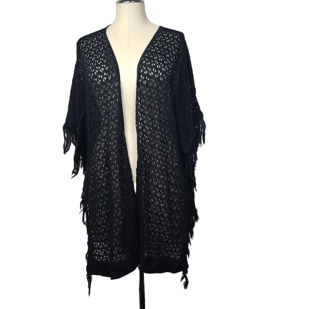 Bebe Black Knit Fringe Trim Open Kimono OS